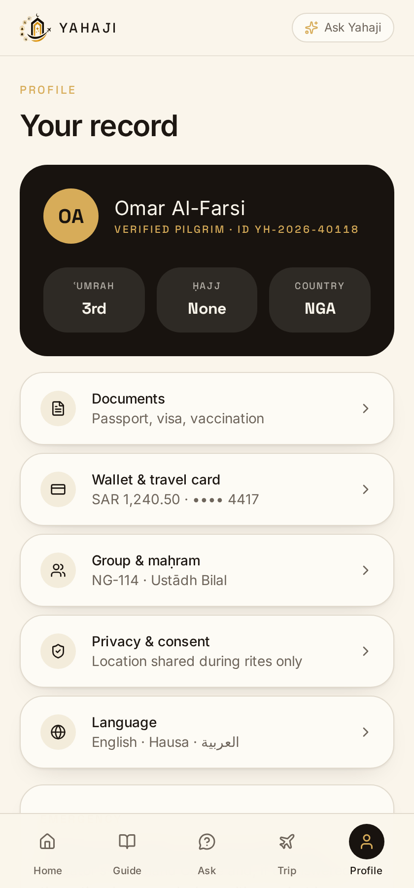 Verified pilgrim record with documents and wallet